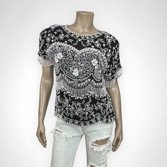 Vintage Tops - Vintage PATRA Black White Sequined Silk Top 8‎